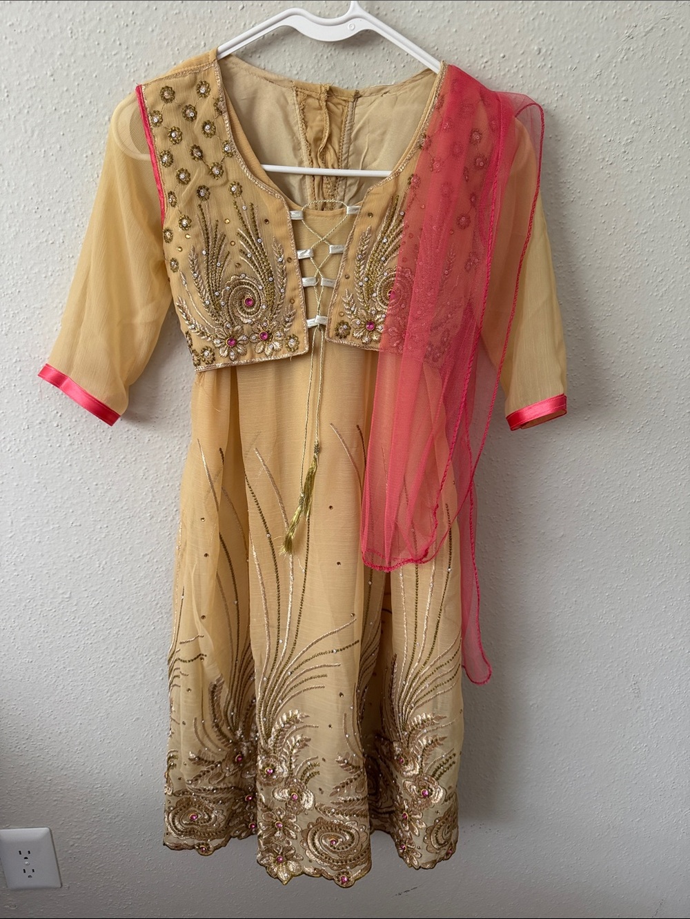 Salwar Kameez Girls Formal Dress in Gold with Pink Dupatta - Salwar Kameez